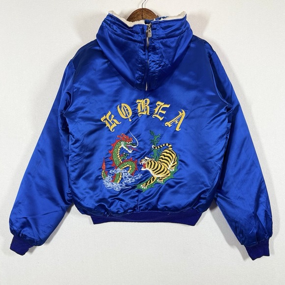 The Unbranded Brand Other - Vintage‎ Sukajan Souvenir Jacket Korea Dragon Tiger Satin Blue Hooded Brad